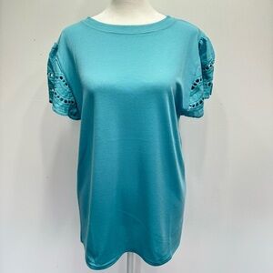 Jasmine Lace Top Teal Flutter Lace Cap Sleeve Knit Crewneck Top by Claudia G